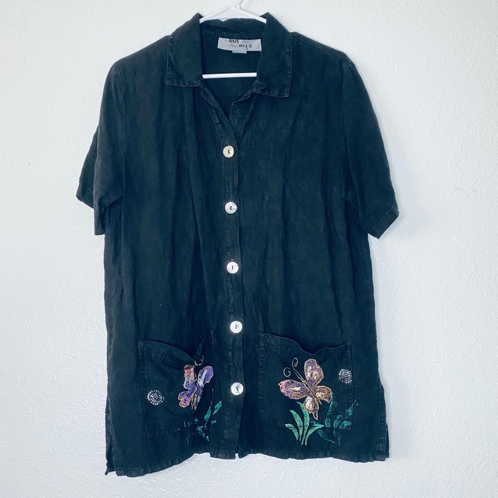 Boy Blue Lagenlook Painted Butterfly Linen Art-To-Wear Button Front Top Small